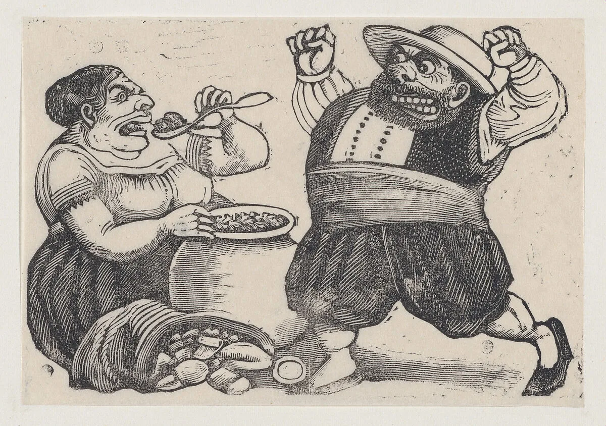 A woman eating and a man facing her with an angry expression and raised fists, from a broadside entitled 'Loa dicha por Sancho Panza y Doña Cenobia en honor de la Pureza de Maria Santisima' — José Guadalupe Posada