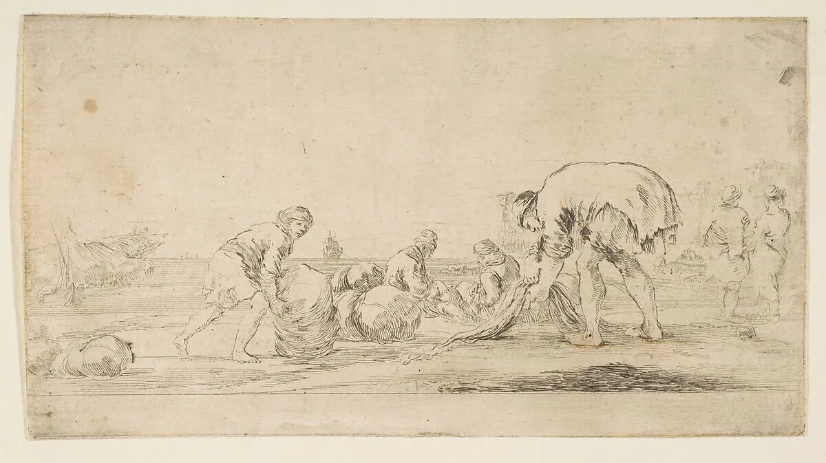 A fisherman bringing in his nets, a man at left pushing a bale to the right, two seated figures mending nets, and two figures at right seen from the back — Stefano della Bella
