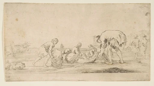 A fisherman bringing in his nets, a man at left pushing a bale to the right, two seated figures mending nets, and two figures at right seen from the back