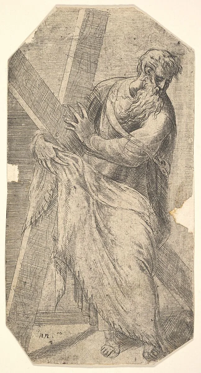 Saint Andrew holding a large cross, from "Christ and the Apostles" — Andrea Schiavone (Andrea Meldola)