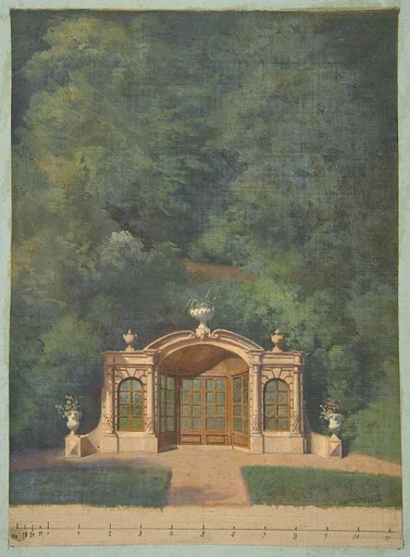 A garden pavilion in a forested landscape