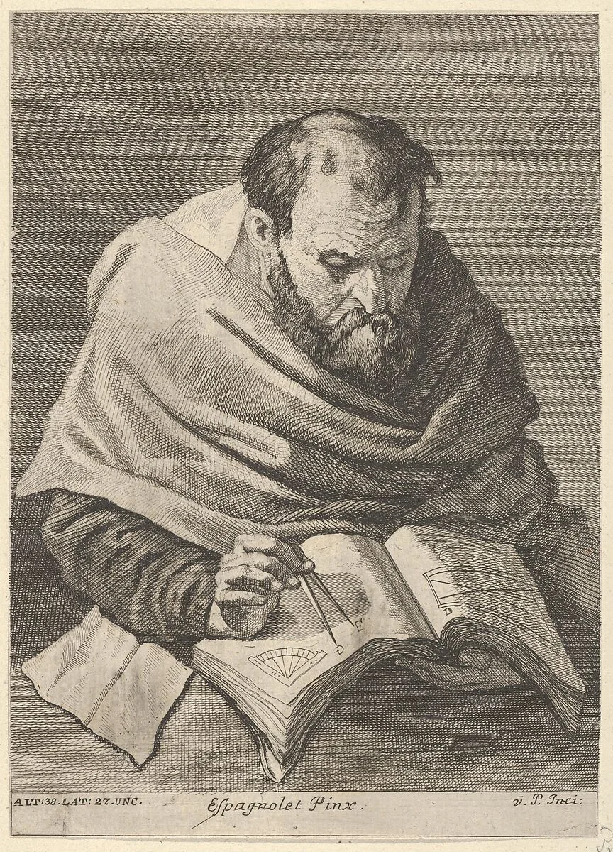 A mathematician seated at a table, working on mathematical equations, from a portfolio of prints of the Imperial Gallery of Paintings in Vienna; plate 34 of the series — Jusepe de Ribera (called Lo Spagnoletto)|Anton Joseph von Prenner