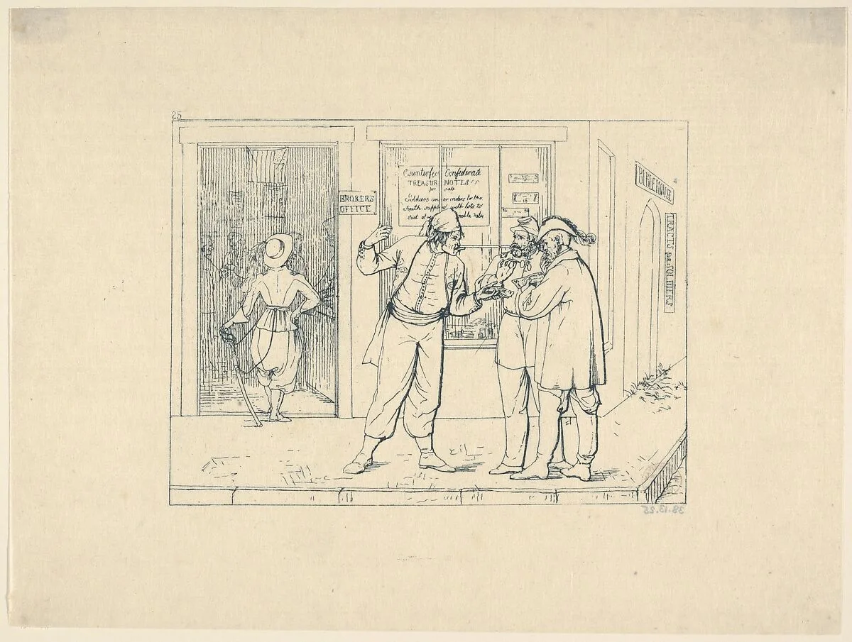 Counterfeit Confederate Notes Publicly Offered for Sale in the "City of Brotherly Love" (from Confederate War Etchings) — Adalbert John Volck