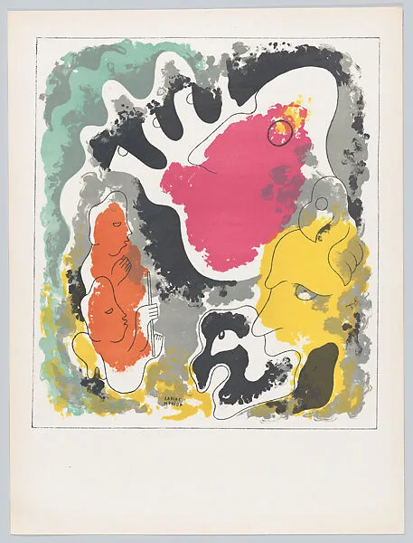 Plate 6: composition of hybrid human and animal forms, two figures lower left, from the 'Popol-Vuh' — Carlos Mérida|Talleres Gráficos de la Nación, Mexico, D.F.