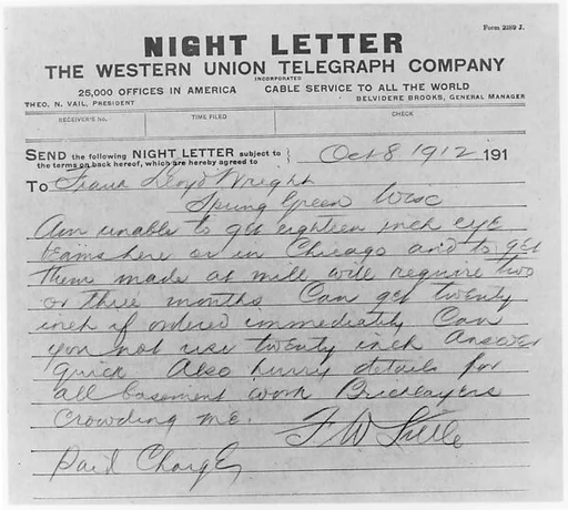 Night Letter: Francis W. Little to Frank Lloyd Wright, 8 October 1912 (copy)
