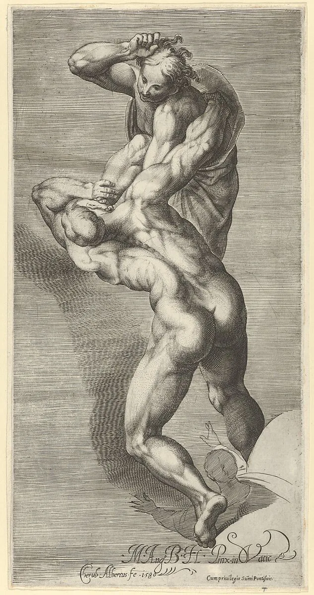 Two damned souls fighting, after Michelangelo's 'The Last Judgment' fresco in the Sistine Chapel — Cherubino Alberti (Zaccaria Mattia)|Michelangelo Buonarroti