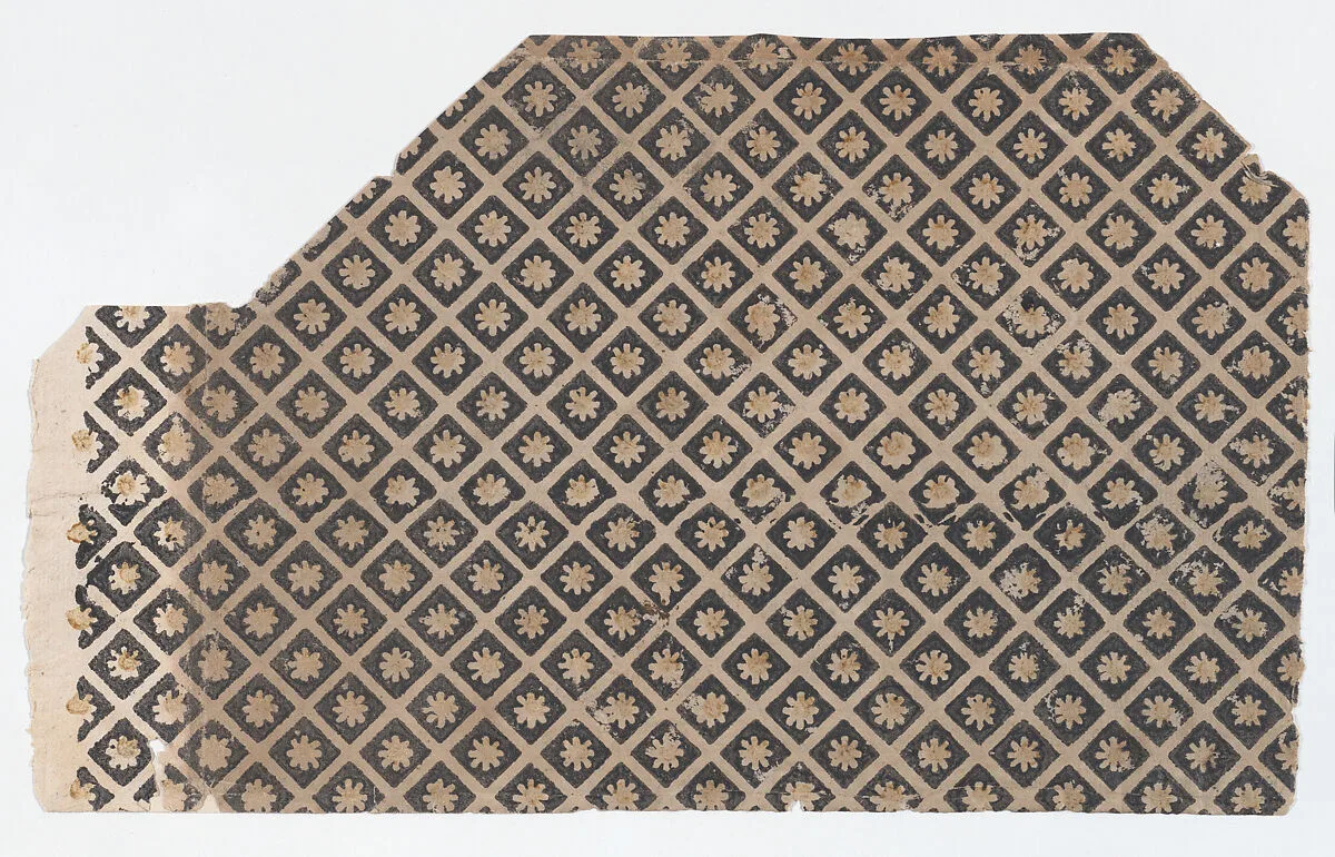 Sheet with overall pattern of flowers within squares — Anonymous