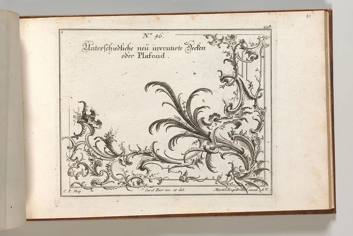 Design for the Decoration of the Lower Right Corner of a Ceiling, Plate 1 from: 'Unterschiedliche neü inventirte Decken oder Plafond.' — Carl Pier|Martin Engelbrecht