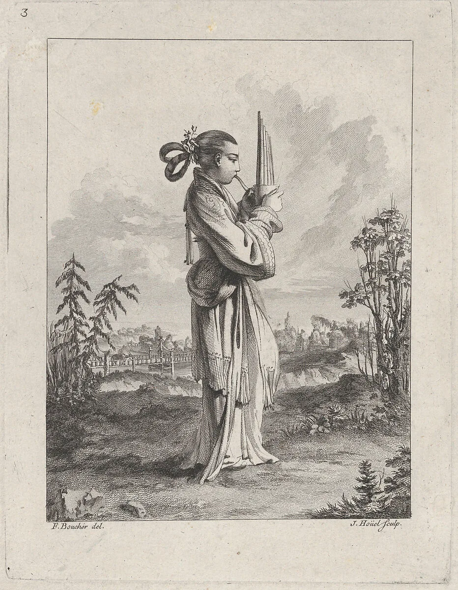 Chinoiserie with a woman playing the mouth organ, from Suite de Figures Chinoises. . .Tiré du Cabinet de Mr. d'Azaincourt (Series of Chinoiserie Figures. . .From the Chambers of Mr. d'Azaincourt), plate 3 — Gilles Demarteau|François Boucher|Jean Pierre Louis Laurent Hoüel