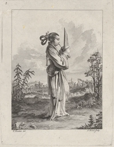 Chinoiserie with a woman playing the mouth organ, from Suite de Figures Chinoises. . .Tiré du Cabinet de Mr. d'Azaincourt (Series of Chinoiserie Figures. . .From the Chambers of Mr. d'Azaincourt), plate 3