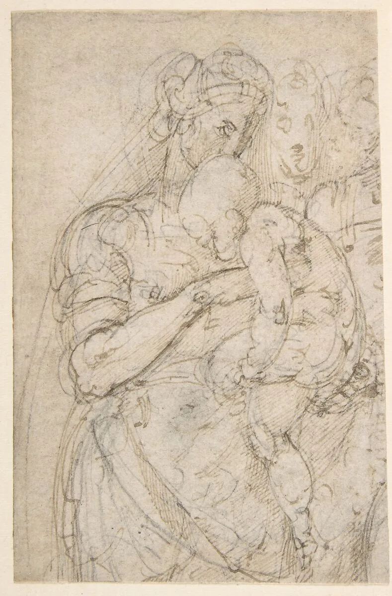 Standing Virgin with Child, Two Heads at Upper Right (recto); Sketch of Steps (verso) — Battista Franco
