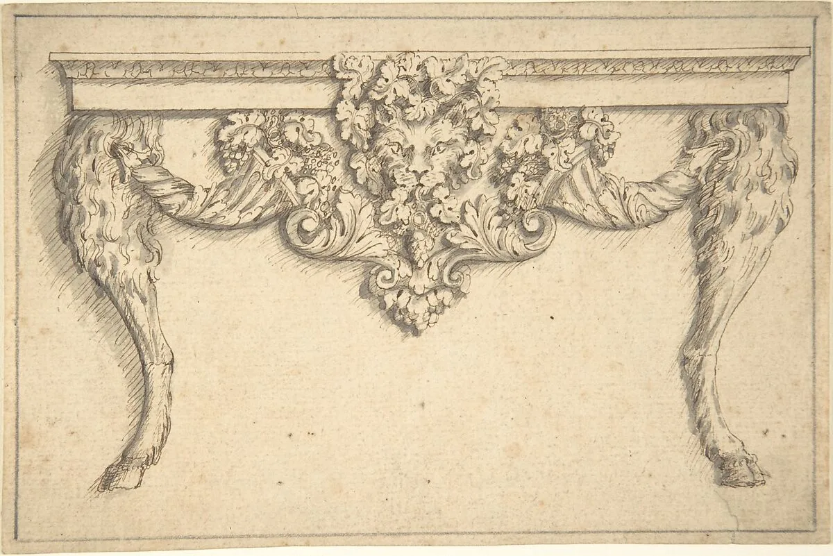 Design for a table with a cat mask and goat legs — John Payne