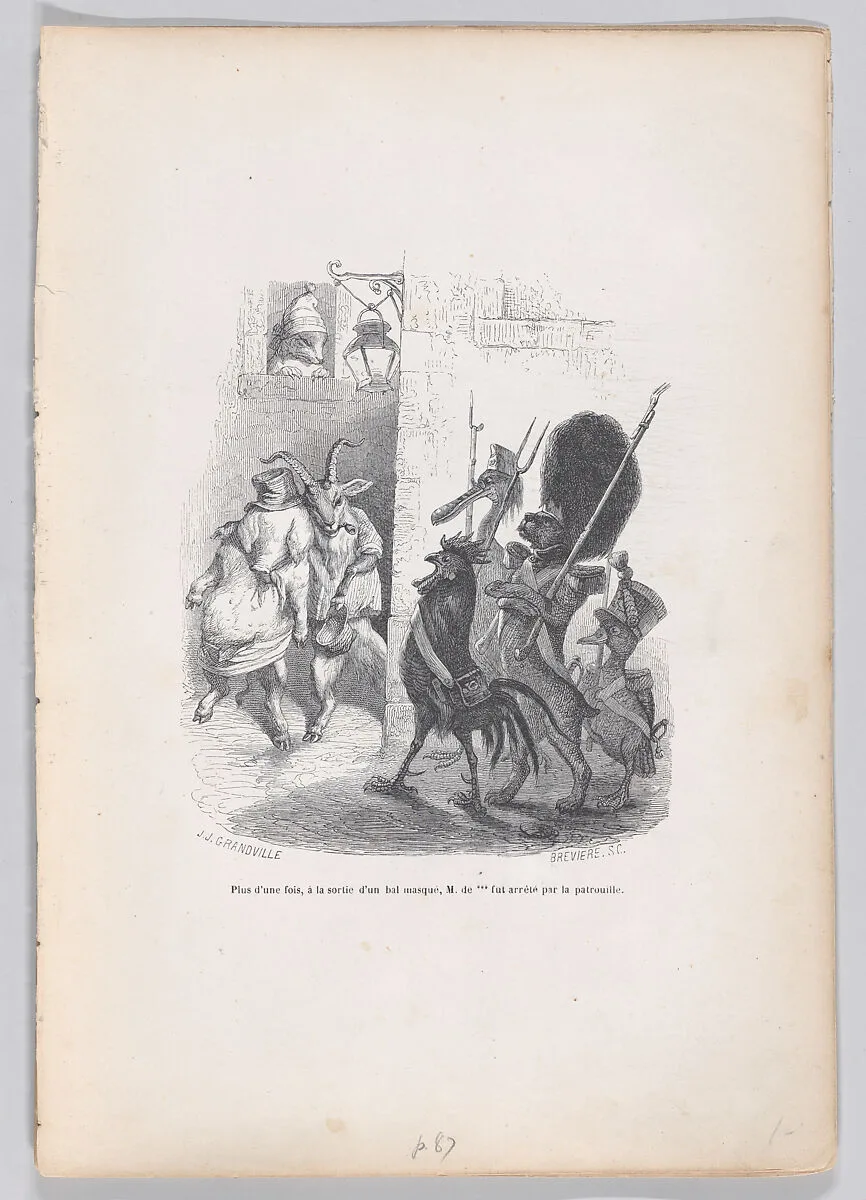 "More than once, while leaving the masked ball Mr. de *** was arrested by the patrol officers" from Scenes from the Private and Public Life of Animals — Honoré de Balzac|J. J. Grandville|Louis-Henri Brevière