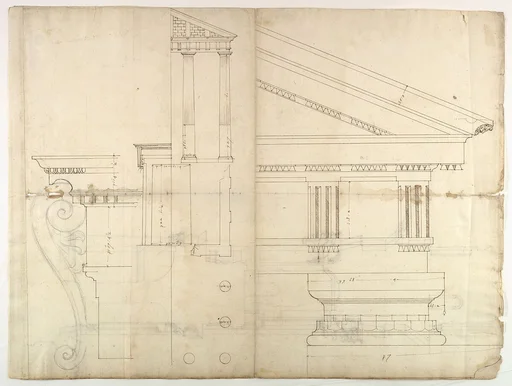 Temple of Hercules, Cori, plan, elevation; portal, details; Doric order, details (recto) St. Peter's, drum, section (verso)