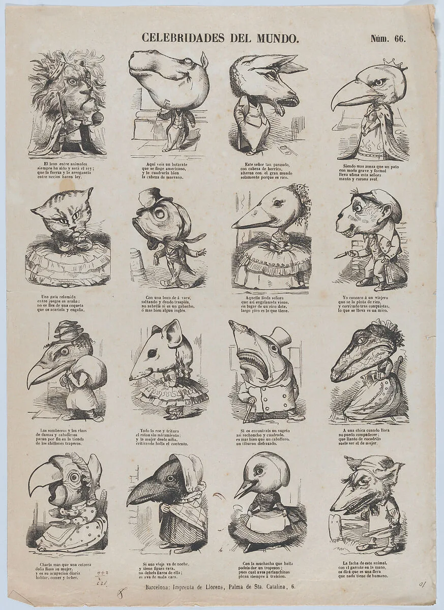 Broadside with 16 caricature figures representing celebrities of the world — Juan Llorens