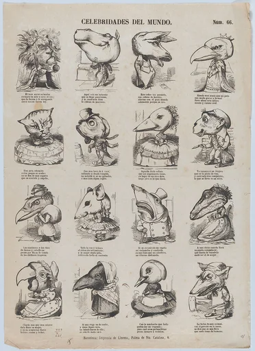 Broadside with 16 caricature figures representing celebrities of the world