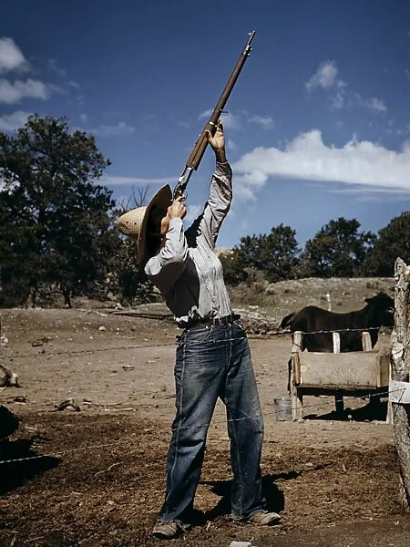 Nell Leathers, Homesteader, Shooting Hawks Which Have Been Carrying Away Her Chickens — Debbie Grossman|Russell Lee
