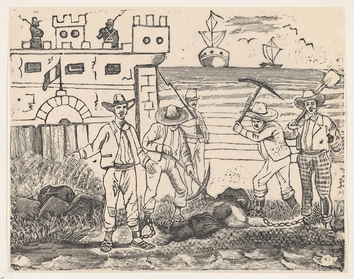A group of prisoners engaged in manual labor, from a broadside entitled "Ultimas noticias de Gerardo Nevraumont y compañeros' — José Guadalupe Posada