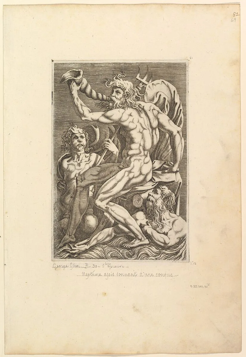Neptune Seated Blowing a Conch Shell — Giorgio Ghisi|Perino del Vaga (Pietro Buonaccorsi)|Anonymous, 16th century
