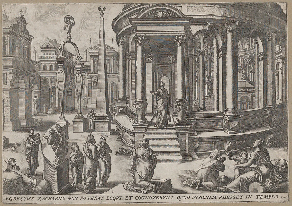 Zacharias Stepping out of the Temple, from "Events in and around the Temple" — Gerard van Groeningen|Jan and Lucas van Doetecum