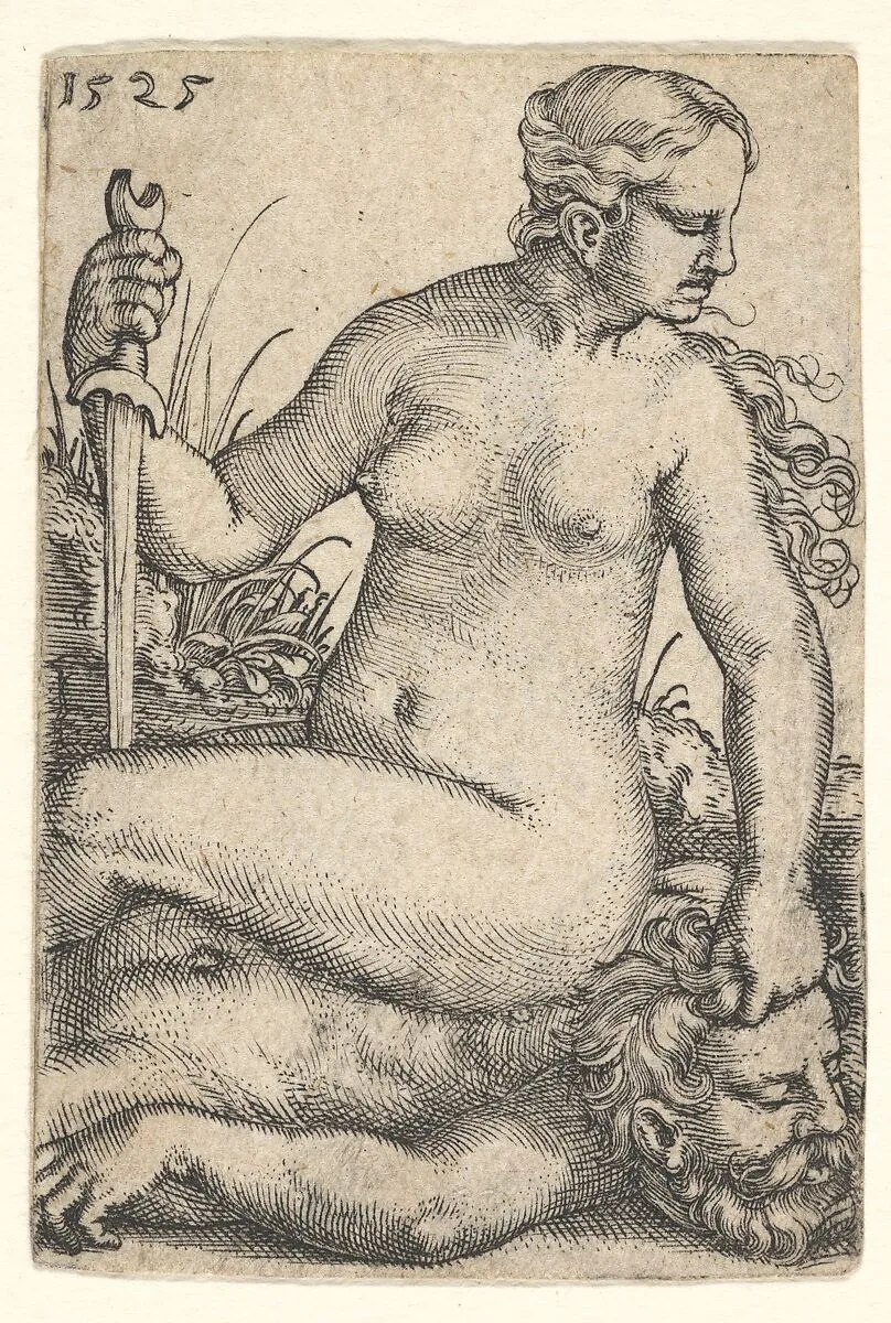 Judith, looking towards the right, seated nude atop the dead body of Holofernes, with a sword in her right hand and the head of Holofernes in her left hand — Barthel Beham
