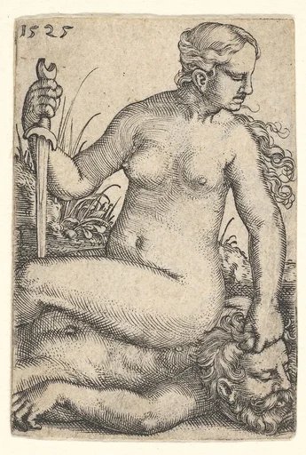 Judith, looking towards the right, seated nude atop the dead body of Holofernes, with a sword in her right hand and the head of Holofernes in her left hand