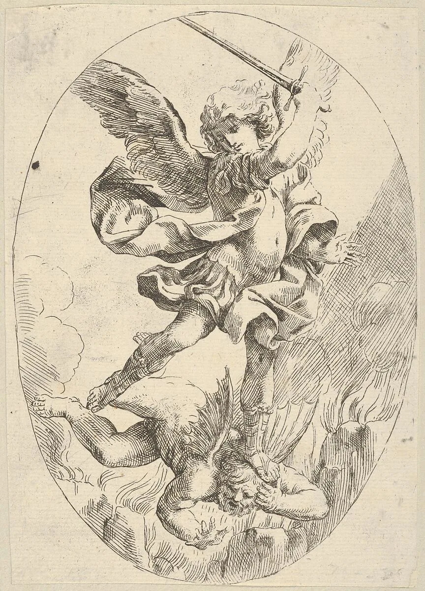 The winged archangel Saint Michael holding a sword and standing on the head of the devil, who descends into hell, an oval composition — Guido Reni|Anonymous, 17th century