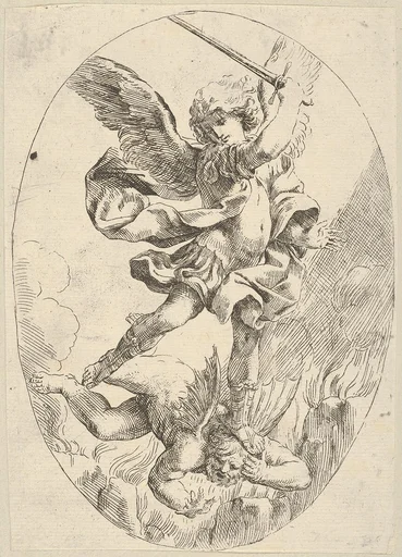 The winged archangel Saint Michael holding a sword and standing on the head of the devil, who descends into hell, an oval composition
