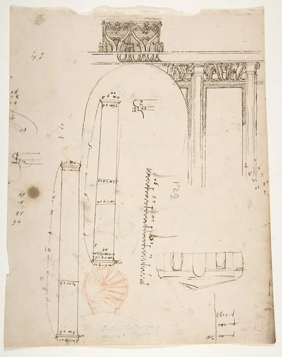 S. Costanza, drum, interior, elevation; column shafts, profiles; narthex, section; stair, detail plan (recto) stair, plans; window, elevation (verso)