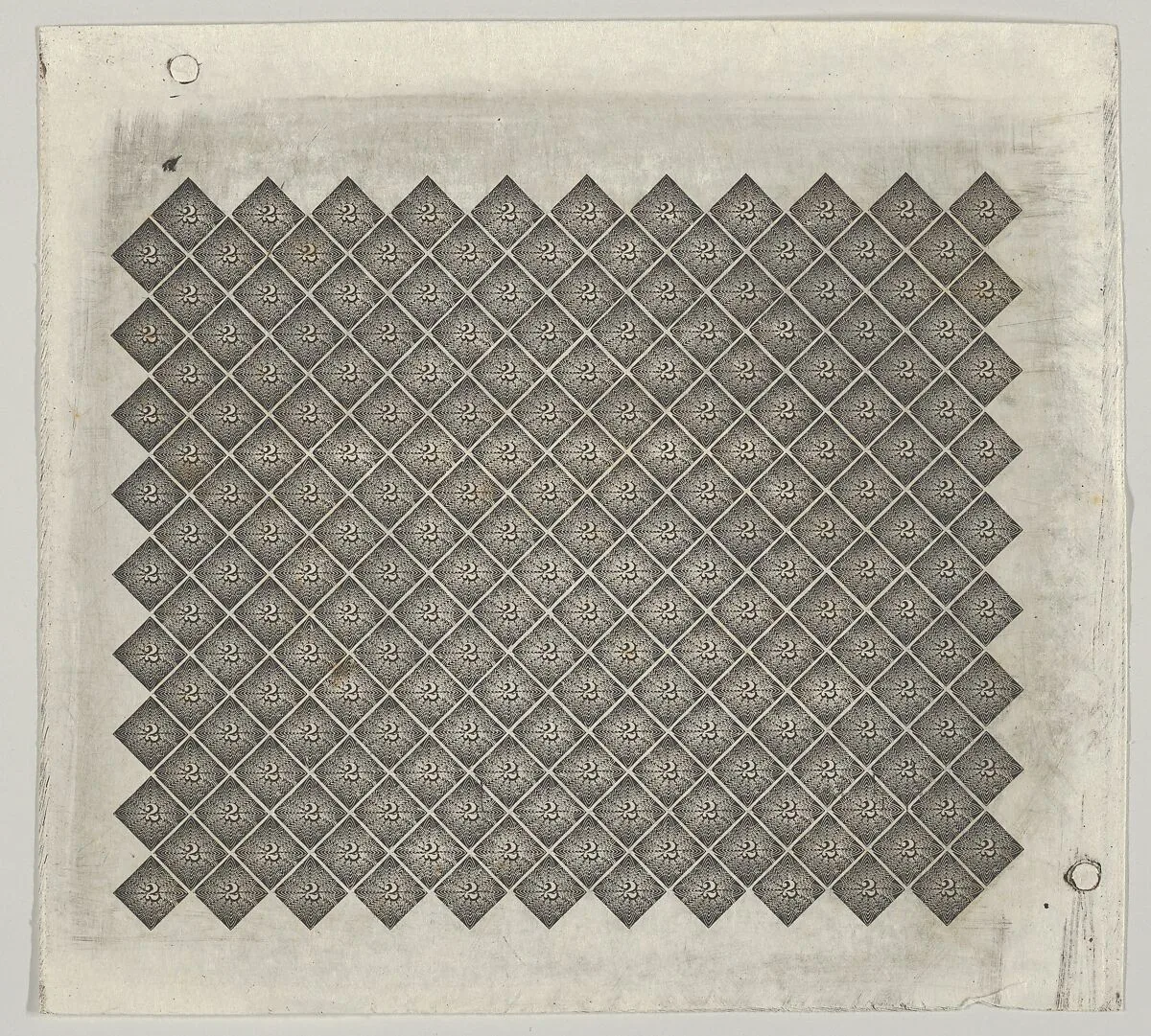 Banknote motif: panel of lathe work ornament composed of tiny 2s each set in a diamond surrounded by a star — A. B. & C. Durand & Company|Durand, Perkins, and Company|Cyrus Durand