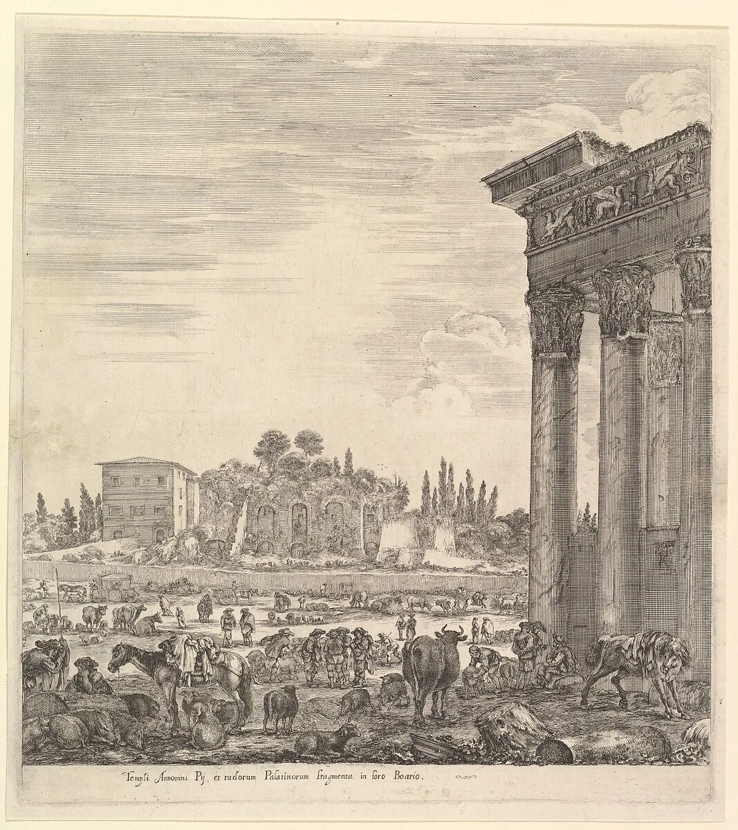 The columns of the Temple of Antoninus to right, a part of the Campo Vaccino in center and at left, along with various animals and figures, the Palatine ruins in the background, from 'Six large views, four of Rome, and two of the Roman countryside' (Six grandes vues, dont quatre de Rome et deux de la Campagne romaine) — Stefano della Bella