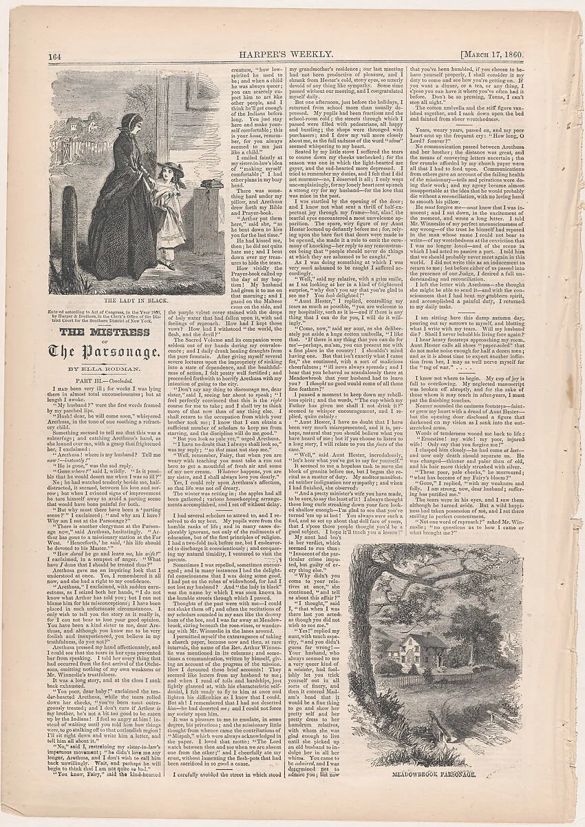 The Lady in Black, Meadowbrook Parsonage (from "The Mistress of the Parsonage," in "Harper's Weekly") — Winslow Homer|Harper's Weekly|Harper & Brothers