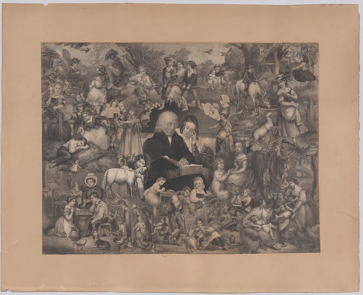 Collage of printed elements centered on a Man and Young Woman Reading the Bible, surrounded by scenes from rural life — Illman Brothers