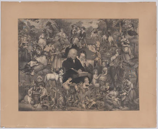 Collage of printed elements centered on a Man and Young Woman Reading the Bible, surrounded by scenes from rural life