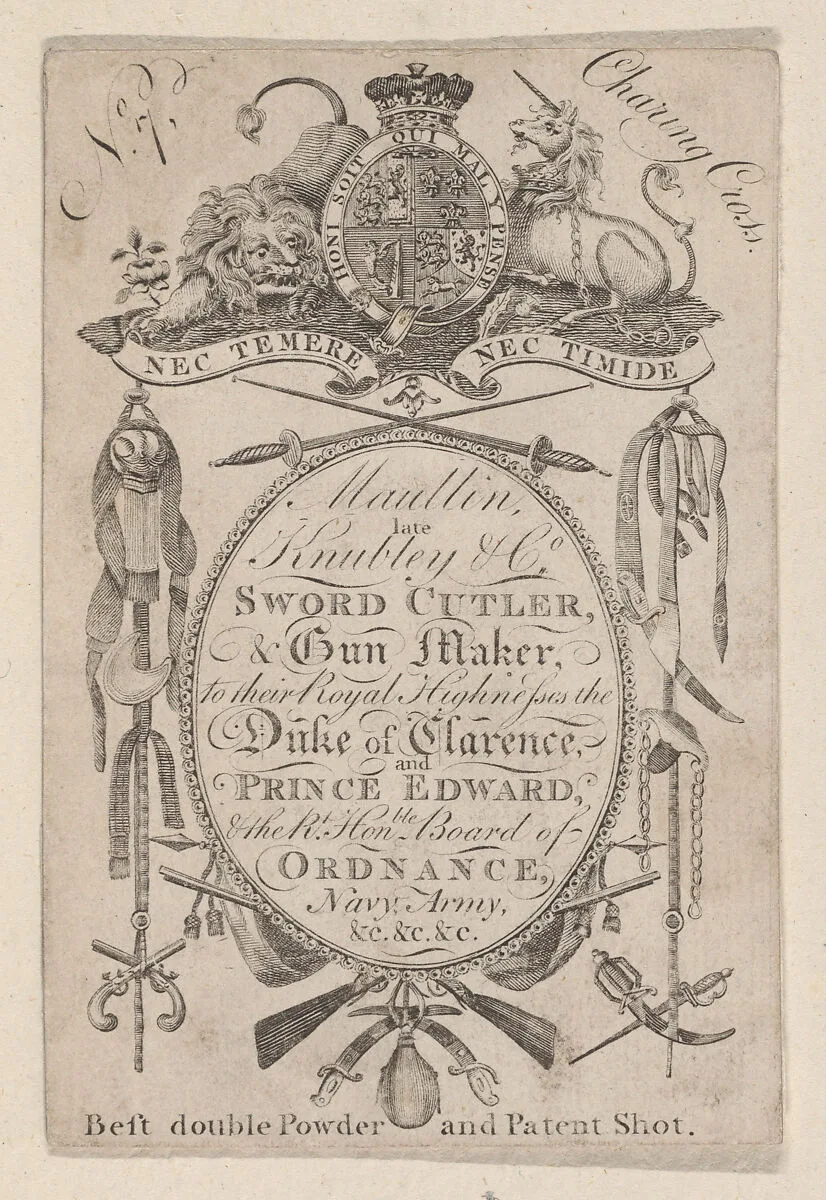 Trade Card Bearing the Name of the Late Gunmaker John Knubley (1750–1795) — John Knubley|Anonymous, British, late 18th–early 19th century