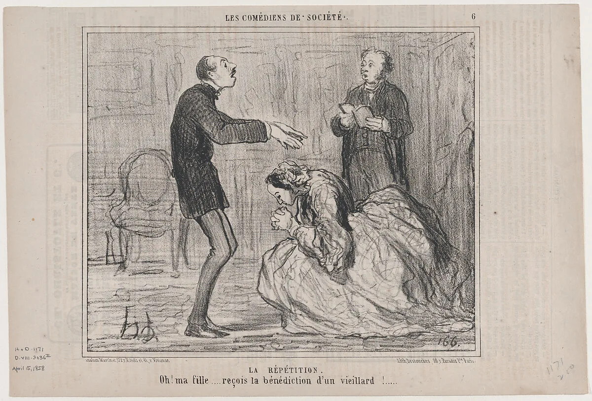 La Répétition, from Les Comediens de Société, published in Le Charivari, April 15, 1858 — Aaron Martinet|Honoré Daumier|Destouches
