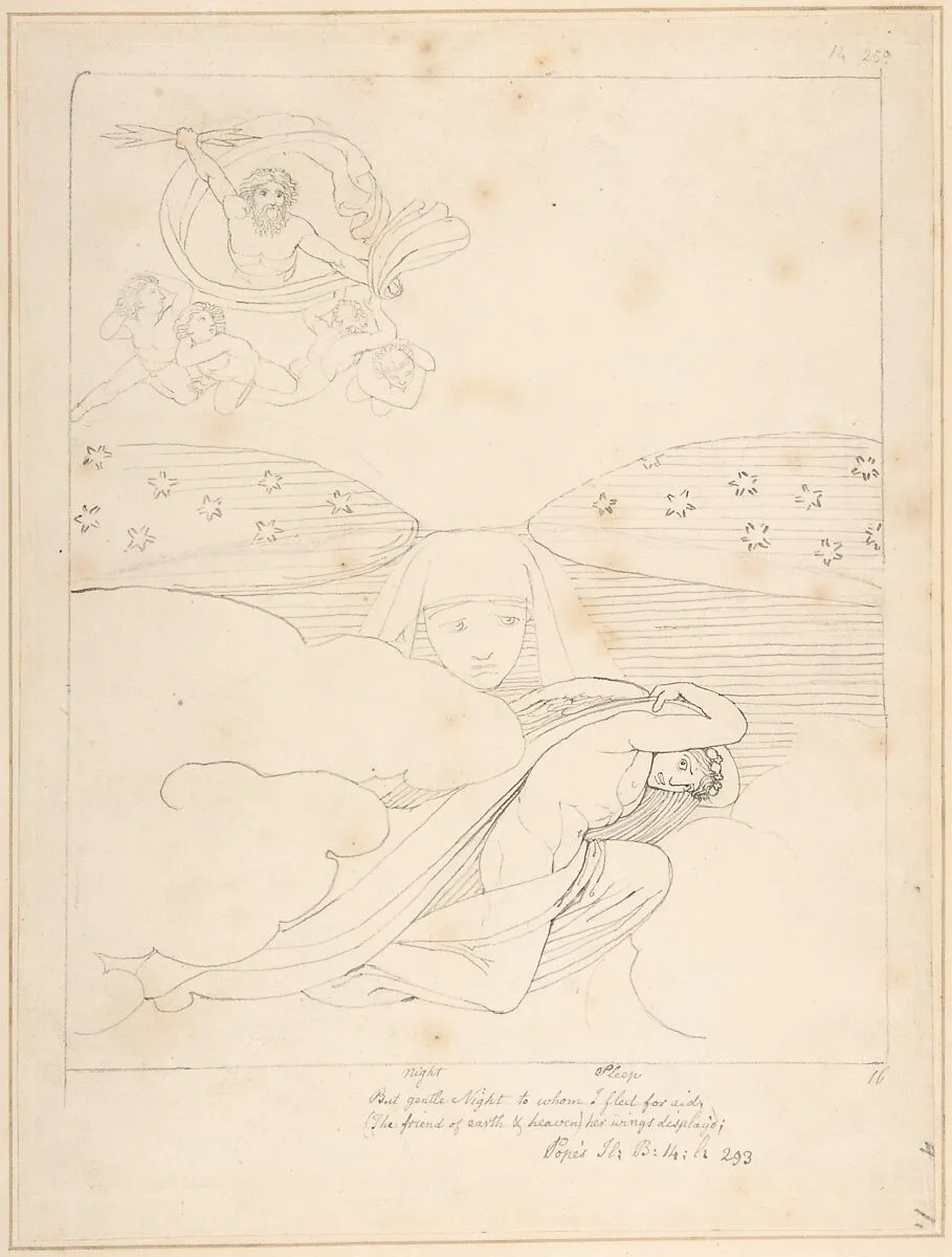 Sleep Escaping from the Wrath of Jupiter – "But gentle Night to whom I fled for Aid (the Friend of Earth and Heaven), Her Wings Display'd" (Pope's Iliad, Book 14, line 293) — John Flaxman