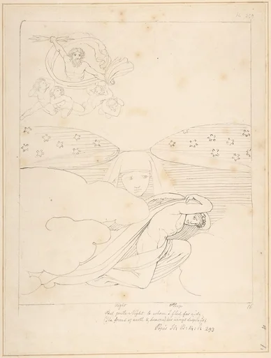 Sleep Escaping from the Wrath of Jupiter – "But gentle Night to whom I fled for Aid (the Friend of Earth and Heaven), Her Wings Display'd" (Pope's Iliad, Book 14, line 293)