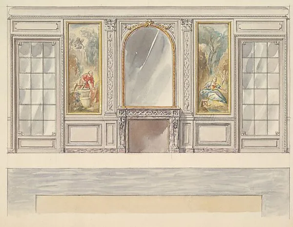 Design for a Wall Elevation with a Chimney Piece, Two Painted Panels (Fourth Floor) — Mewès and Davis|Charles-Frédéric Mewès|Arthur Joseph Davis