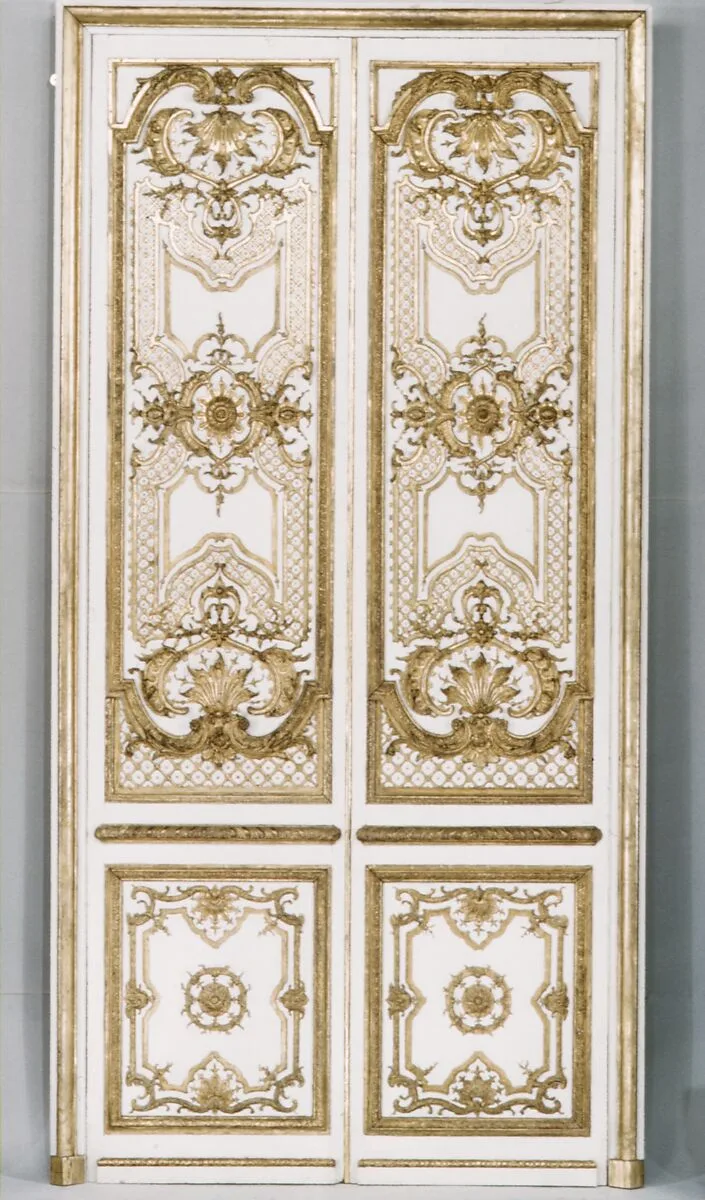 Double door: four panels, two pilasters, three gilt moldings for the door frame — Unknown