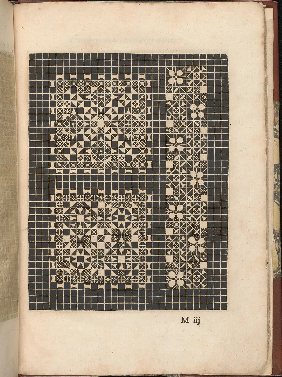Les Secondes Oeuvres, et Subtiles Inventions De Lingerie du Seigneur Federic de Vinciolo Venitien, page 47 (recto) — Federico de Vinciolo|Jean Le Clerc|Catherine de Bourbon