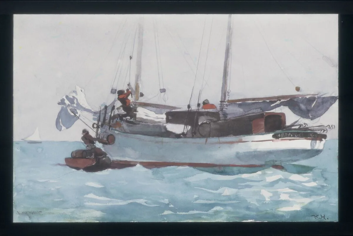 Taking on Wet Provisions (Schooner Marked Newport, K. W.) — Winslow Homer