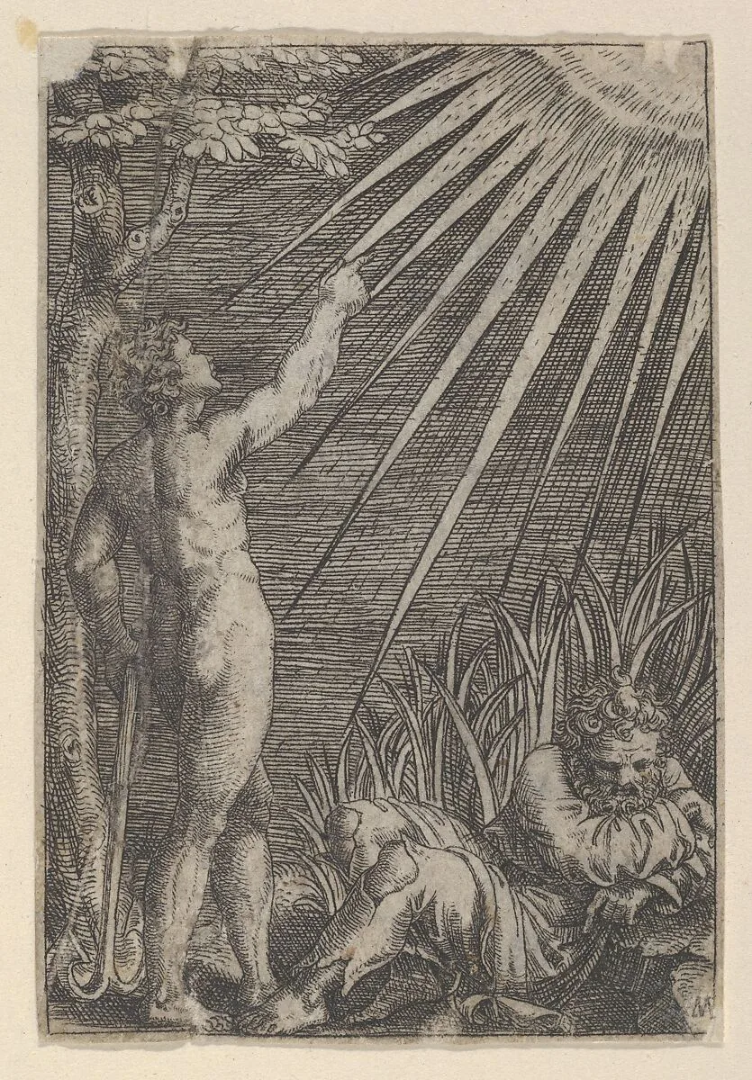 An old man reclining on the ground at right; at left a naked younger man standing pointing toward the sun with and leaning on an anchor — Marcantonio Raimondi