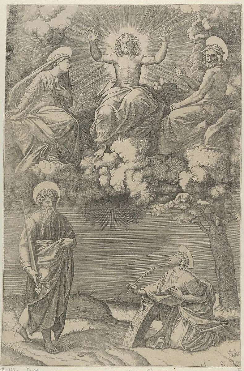 Christ flanked by the Virgin and St. John in the upper section, St. Paul and St. Catherine below — Marcantonio Raimondi