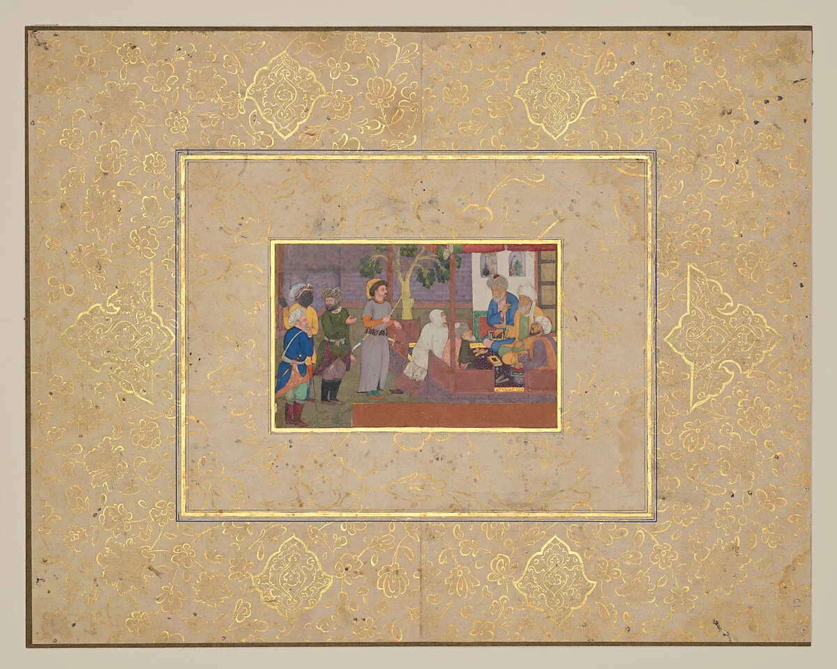 "An Old Man and His Young Wife Before Religious Arbitrators," Folio from a Gulistan of Sa'di — Daulat