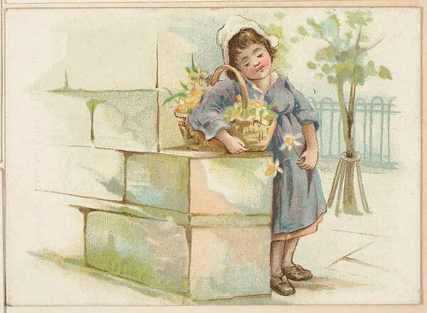 Girl in a blue dress clutching a basket of flowers, bakery card from the Picture Cards series (D63), issued by the Vienna Model Bakery — Vienna Model Bakery