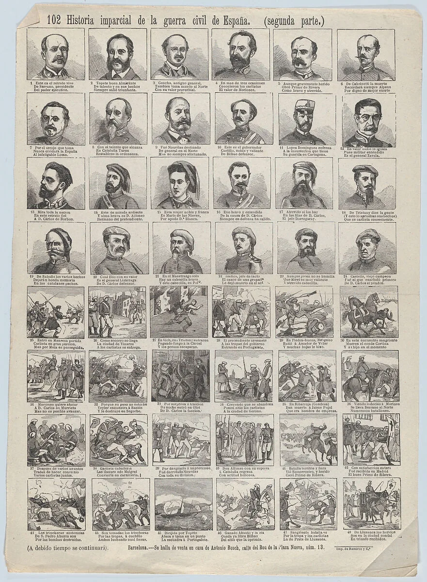 Broadside with 48 scenes telling the 'impartial' story of the civil war in Spain (Part 2) — Narciso Ramirez|Antonio Bosch