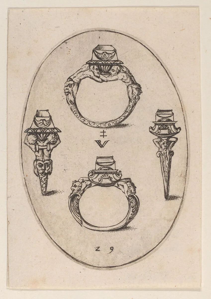 Designs for Four Rings, Plate 29 from 'Livre d'Aneaux d'Orfevrerie' — Pierre Woeiriot de Bouzey II