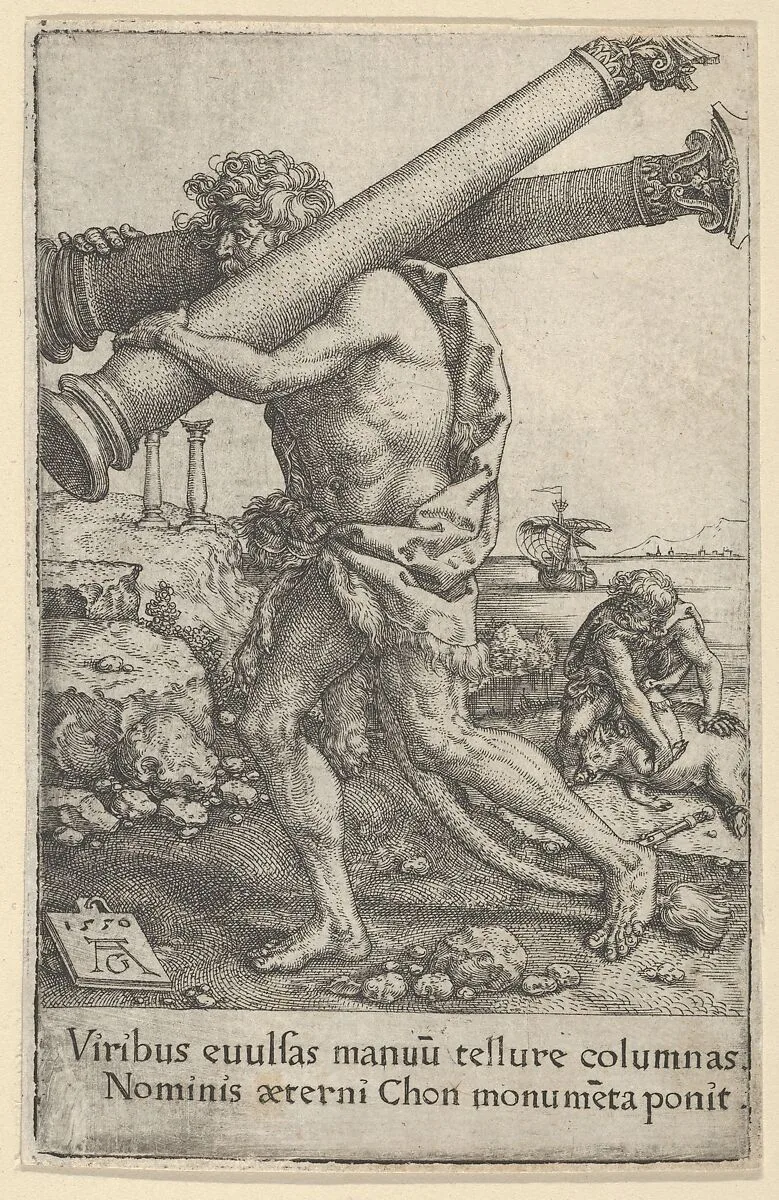 The Pillars of Hercules, from The Labors of Hercules — Heinrich Aldegrever