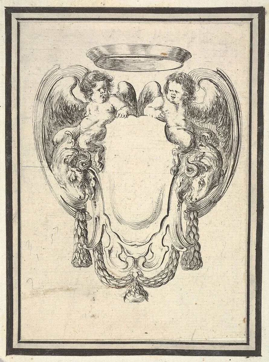 Plate 12: a cartouche flanked by two winged infant satyrs riding on the heads of two rams, from 'Nouvelles inventions de Cartouches' — Stefano della Bella